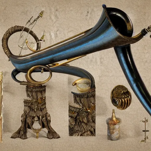 Image similar to a 3 d render of a medieval blowing horn, winding horn, animal horn, higly detailed, mystic, artwork