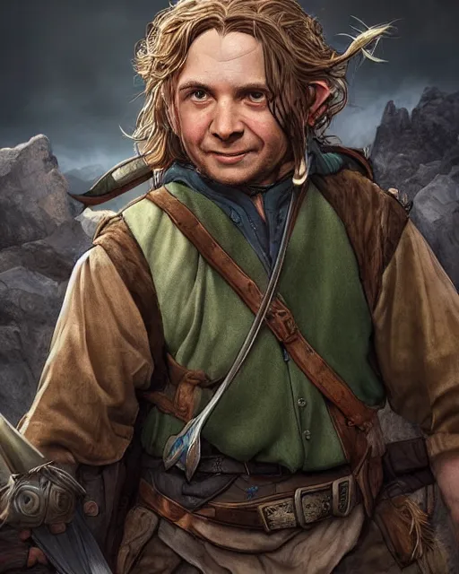 Prompt: A hobbit ranger as an Apex Legends character digital illustration portrait design by Mark Brooks and Brad Kunkle detailed, gorgeous lighting, wide angle action dynamic portrait