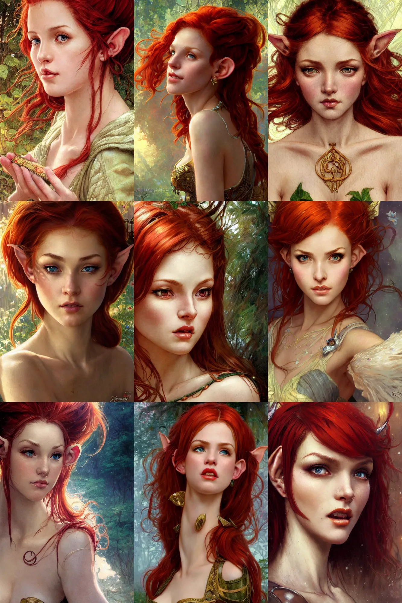 Prompt: alluring closeup portrait of beautiful elf girl with red hair, very detailed face and ears, realistic, tarot card, by Stanley Artgerm Lau, greg rutkowski, thomas kindkade, alphonse mucha, loish, norman rockwell J.