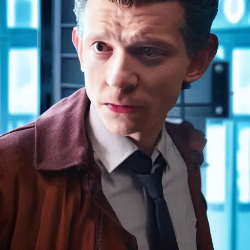 Image similar to tom holland as a rough dirty old man with a scruffy beard in a dark blue trenchcoat as the new doctor who, cinematic, volumetric lighting, f 8 aperture, cinematic eastman 5 3 8 4 film, photorealistic