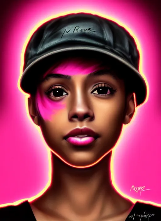 Image similar to portrait of teenage vanessa morgan with bright pink hair, black girl, vanessa morgan, curly pixie cut hair, wearing newsboy cap, newsboy cap, hoop earrings, intricate, elegant, glowing lights, highly detailed, digital painting, artstation, concept art, smooth, sharp focus, illustration, art by wlop, mars ravelo and greg rutkowski