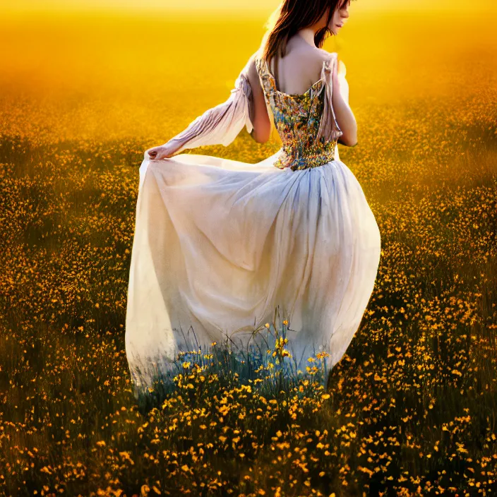 Image similar to photo of a very beautiful!! woman on intricate dress in an endless heavenly meadow, 4 k, hdr, smooth, sharp focus, high resolution, award - winning photo, trending on artstation, 5 0 mm