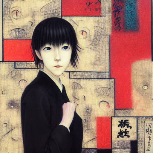 Image similar to yoshitaka amano blurred and dreamy realistic three quarter angle portrait of a young woman with short hair and black eyes wearing office suit with tie, junji ito abstract patterns in the background, satoshi kon anime, noisy film grain effect, highly detailed, renaissance oil painting, weird portrait angle, blurred lost edges