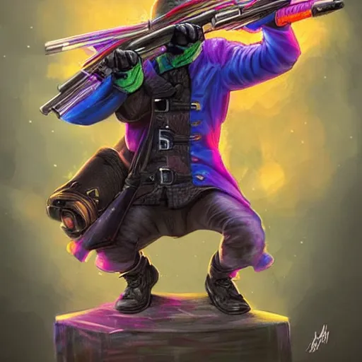 Prompt: a man shooting a pistol, but instead of a bullet the gun shoots a raven. colorful, bright, fantasy, artgerm, dnd, fantasy, rpg