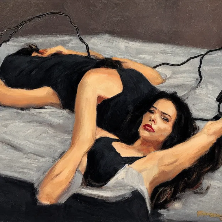 Image similar to Ground Level Shot, long shot of a beautiful dark haired woman wearing a black dress, laying on her back on a bed, holding old telephone hand peice with twisted cable by fabian perez