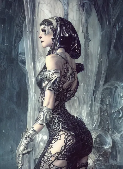 Image similar to portrait of beautiful pale gothic maiden in latex, warhammer 40000, cyberpunk, intricate, elegant, highly detailed, digital painting, artstation, concept art, smooth, sharp focus, illustration, art by artgerm and greg rutkowski and alphonse mucha and Gustav Klimt