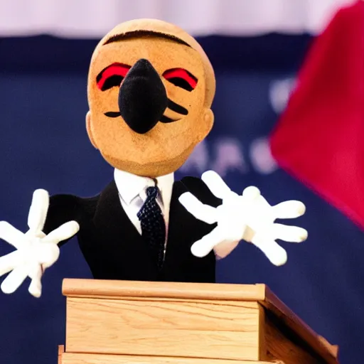 Prompt: crazy puppeteer using marionette of a president in a podium