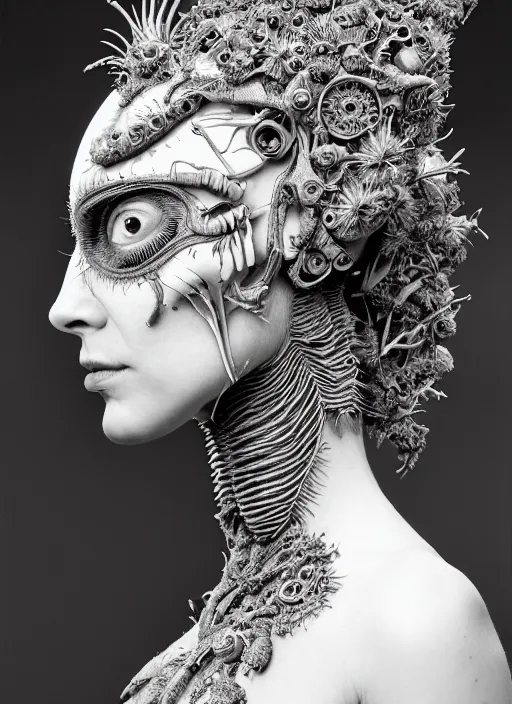 Prompt: a portrait of a beautiful young vegetal - insectoid - cyborg female, by tony diterlizzi, portrait, ilford hp 5, side - view, f / 2. 8, 1 6 k, natural lighting, insanely detailed and intricate, hypermaximalist, elegant, ornate, hyper realistic, super detailed