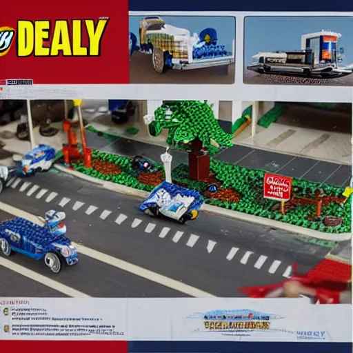 Image similar to An advertisement for a LEGO set of Dealey Plaza and the presidential motorcade