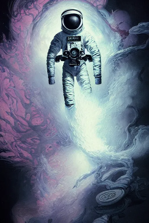 Image similar to close up shot of a full body floating astronaut smoke elemental fading into white smoke, high contrast, james gurney, peter mohrbacher, mike mignola, black paper, mandelbulb fractal, trending on artstation, exquisite detail perfect, large brush strokes, bold blacks and pinks and blues tones, intricate ink illustration, black background