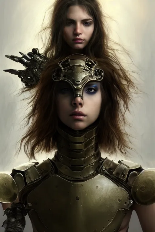 Image similar to a photorealistic painting of an attractive young girl, partially clothed in metal-plated battle armor, scratched and dirty, olive skin, long dark hair, beautiful bone structure, symmetrical face, perfect eyes, intricate, elegant, digital painting, concept art, illustration, sharp focus, minimal artifacts, volumetric lighting, from Metal Gear, in the style of Ruan Jia and Mandy Jurgens and Greg Rutkowski, trending on Artstation, award winning