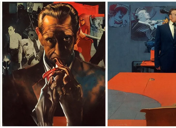 Image similar to a still from the movie avengers : endgame of francis bacon and norman rockwell and james jean, a still from the movie the godfather, and mark brooks, triadic color scheme, by greg rutkowski, syd mead and edward hopper and norman rockwell and beksinski, dark surrealism, orange and turquoise