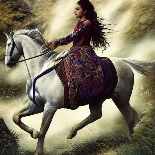 Image similar to full body shot of a beautiful young kurdish woman riding a beautiful white horse in the kurdish mountains art by martin ansin, highly detailed, 8 k, high resolution, award winning art, incredibly intricate, beautiful and symmetrical face