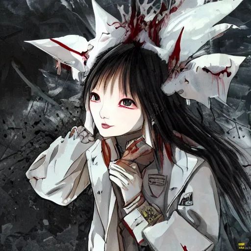 Prompt: cute japanese girl with small horns, sharp and pointy vampire teeth, dressed in an old white coat, praying on the floor of a destroyed church, with her eyes and mouth closed and an evil smile, full body, detailed artwork by Yoji Shinkawa