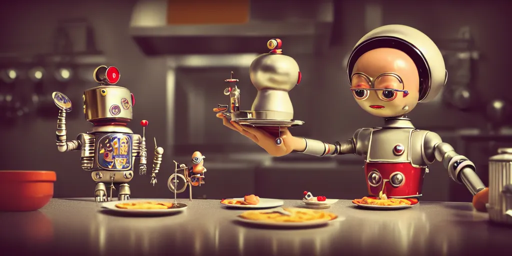 Image similar to closeup portrait of tin toy retro robot chef cooking pastry in a kitchen, depth of field, zeiss lens, detailed, centered, fashion photoshoot, by nicoletta ceccoli, mark ryden, lostfish, breathtaking, 8 k resolution, extremely detailed, beautiful, establishing shot, artistic, hyperrealistic, octane render