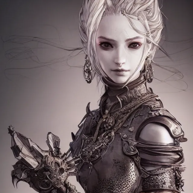 Image similar to the portrait of neutral evil fallen female knight vagabond as absurdly beautiful, gorgeous, elegant, sophisticated, woman, an ultrafine hyperdetailed illustration by kim jung gi, irakli nadar, intricate linework, bright colors, octopath traveler, final fantasy, unreal engine 5 highly rendered, global illumination, radiant light, detailed and intricate environment