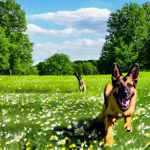 Image similar to German shepherd dog and bunny running in a field with daisies, trees in the distance with sun blue skies a couple of clouds