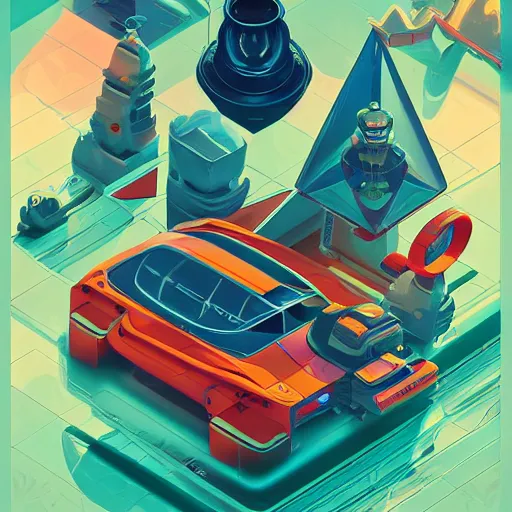 Image similar to isometric retro futuristic car ad by tyler edlin and petros afshar and christopher balaskas and marius borgeaud and kiliain eng, atomic age maximalist, art nouveau, well proportioned, highly detailed