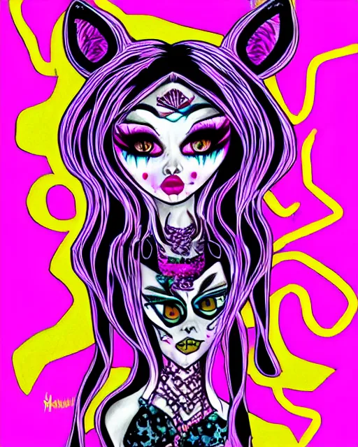 Prompt: harumi hironaka drawing of a monster high universe clawdeen warewolf woman fierce neon sexy fullmoon