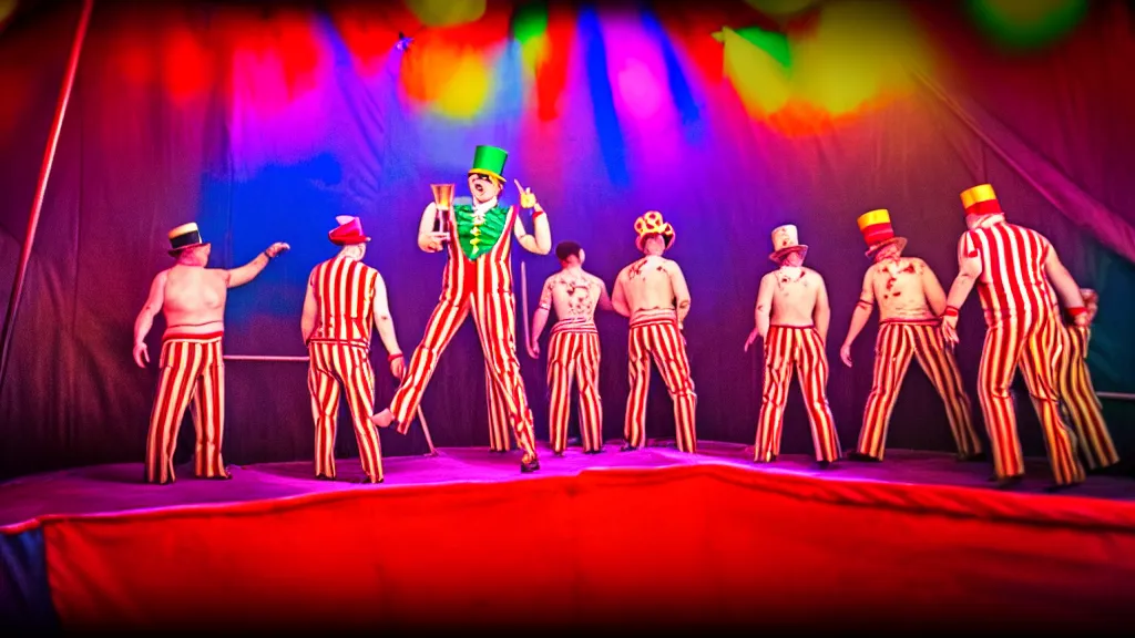 Image similar to of a gang of circus clowns, drinking alcohol, inside a circus tent, 4K
