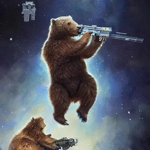 Image similar to detailed science - fiction character portrait of a grizzly bear shooting a machine gun in space, intricate, wild, highly detailed, digital painting, artstation, concept art, smooth, sharp focus, illustration, art by artgerm and greg rutkowski and alphonse mucha