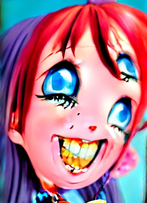 Image similar to a hyperrealistic oil panting of a kawaii anime girl figurine caricature with a big dumb grin featured on nickelodeon by dave mckean