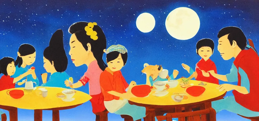 Prompt: a young asian family sitting at outdoor table, tea and food on the table, animal figurine placing around family, clear sky at night with a few clouds, full moon brightening by eric carle