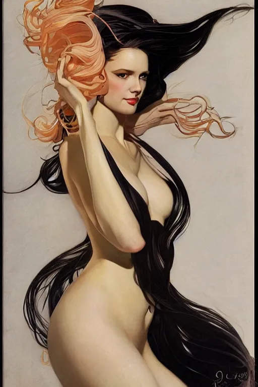 Prompt: Portrait, dark sultry beautiful mermaid with long flowing hair, by j.c. Leyendecker, Brom, face by Otto Schmidt