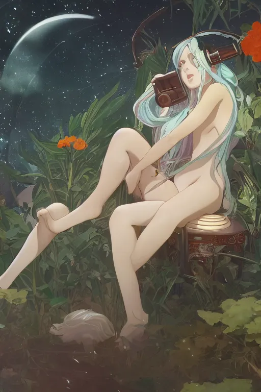 Prompt: a girl with long white hair lying in a bathroom bath at afternoon, plants, astronomical telescope, green and orange theme by krenz cushart and mucha and makoto shinkai and akihito yoshida and greg rutkowski, 4 k resolution