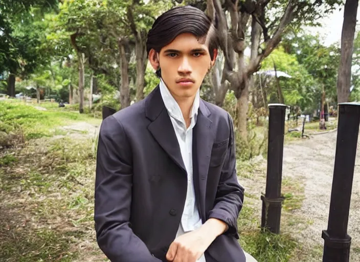 Image similar to outdoor very close candid color portrait of a very very very very extremely handsome!!! good looking young man in 2 0 2 2 his face looks very very extremely like jose rizal!!! hair like jose rizal, eyes like jose rizal!! very handsome and wearing modern clothes, photo taken in 2 0 2 2, 3 5 mm f 1. 4 digital color photography