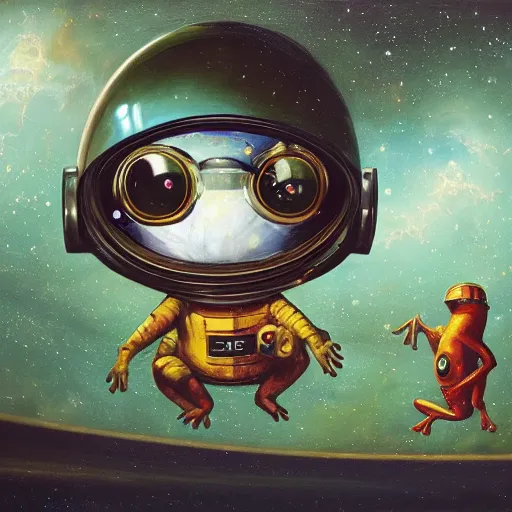 Image similar to long shot of a cute astronaut frog wearing an astronaut helmet, by esao andrews, by m. w. kaluta, by james web telescope, ultra humorous beautiful oil painting, cinematic space scenery, small depth of field, depth perception, volumetric light, rich colors, 3 d octane render, 8 k, conceptart, hyperdetailed, hyperrealistic, trending on artstation