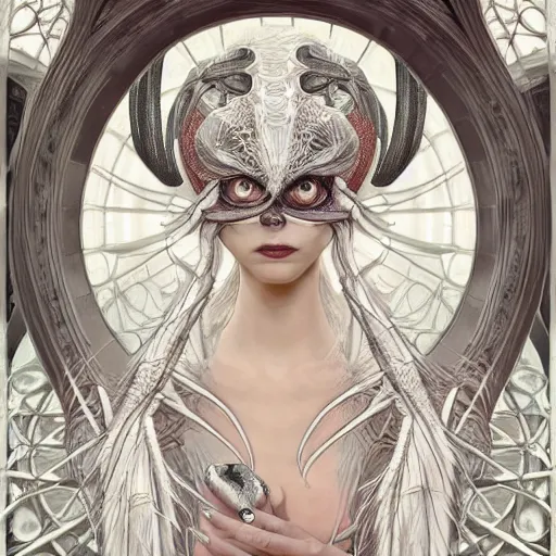 Image similar to a photograpic portrait of a anthropomorphic spider wearing white clothes, fantasy, intricate, elegant, highly detailed, digital painting, artstation, concept art, smooth, sharp focus, illustration, art by artgerm and H R Giger and alphonse mucha