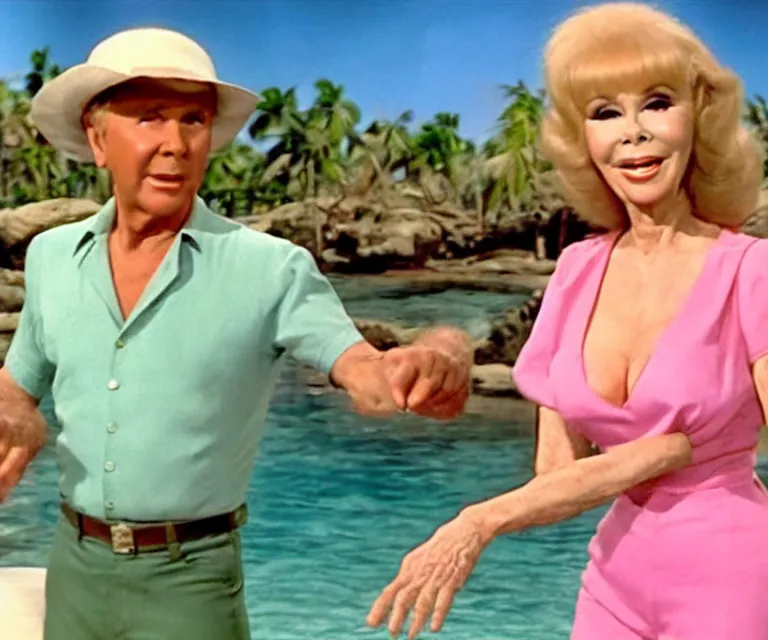 Image similar to barbara eden is a guest - star on an episode of gilligan's island with gilligan and the skipper, video still, hyperrealistic, very detailed