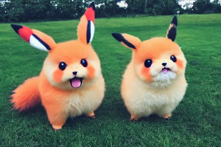 Image similar to real life pokemon, cute!!!, heroic!!!, adorable!!!, playful!!!, chubby!!! fluffly!!!, happy!!!, cheeky!!!, mischievous!!!, ultra realistic!!!, spring time, slight overcast weather, golden hour, sharp focus