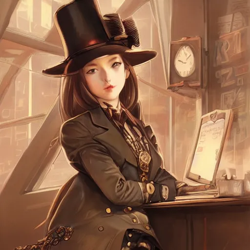 Image similar to a beautiful steampunk detective girl sitting in her office | | cute - fine - face, pretty face, fine details by stanley artgerm lau, wlop, rossdraws, james jean, andrei riabovitchev, marc simonetti, and sakimichan, trending on artstation