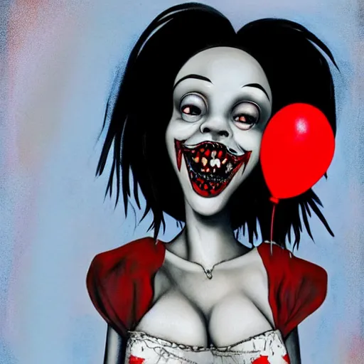 Image similar to grunge cartoon painting of rihanna with a wide smile and a red balloon by chris leib, loony toons style, pennywise style, corpse bride style, horror theme, detailed, elegant, intricate