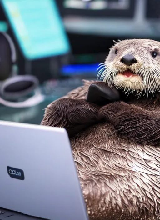 Image similar to cute sea otter wearing headphones sitting in front of a computer