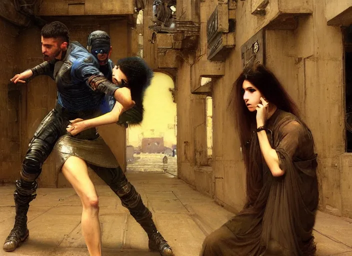 Image similar to Maria evades pvt griggs. Cyberpunk hacker escaping Cyberpunk cop. (police state, Cyberpunk 2077, blade runner 2049). Cyberpunk Iranian orientalist portrait by john william waterhouse and Edwin Longsden Long and Theodore Ralli and Nasreddine Dinet, oil on canvas. Cinematic, Realistic Proportions.