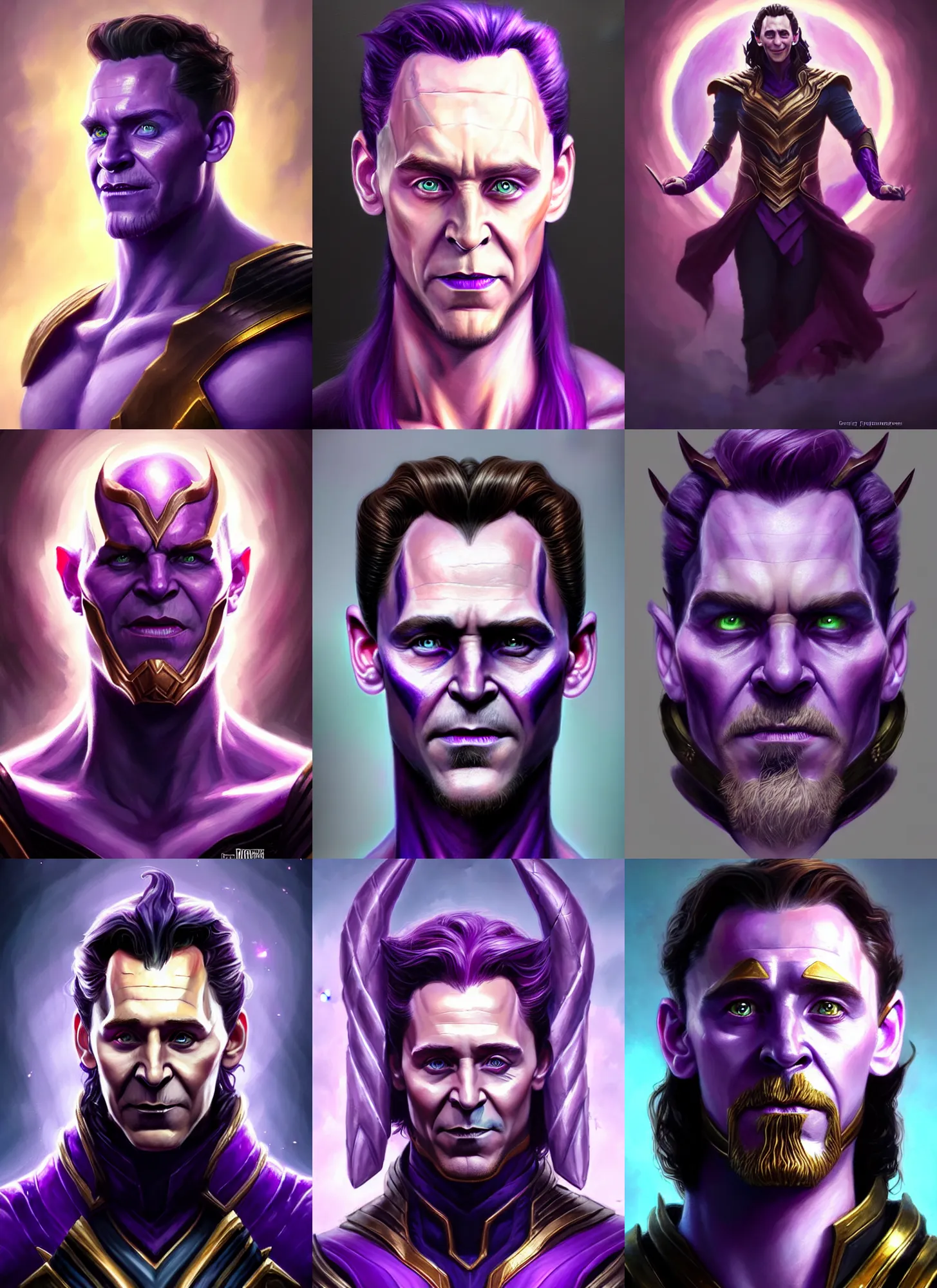 Prompt: a fantasy style portrait painting a character if loki ( tom hiddleston ) and thanos had a son, purple skin, powerful chin, thanos style traits, painting, unreal 5, daz., rpg, portrait, extremely detailed, artgerm greg rutkowski _ greg