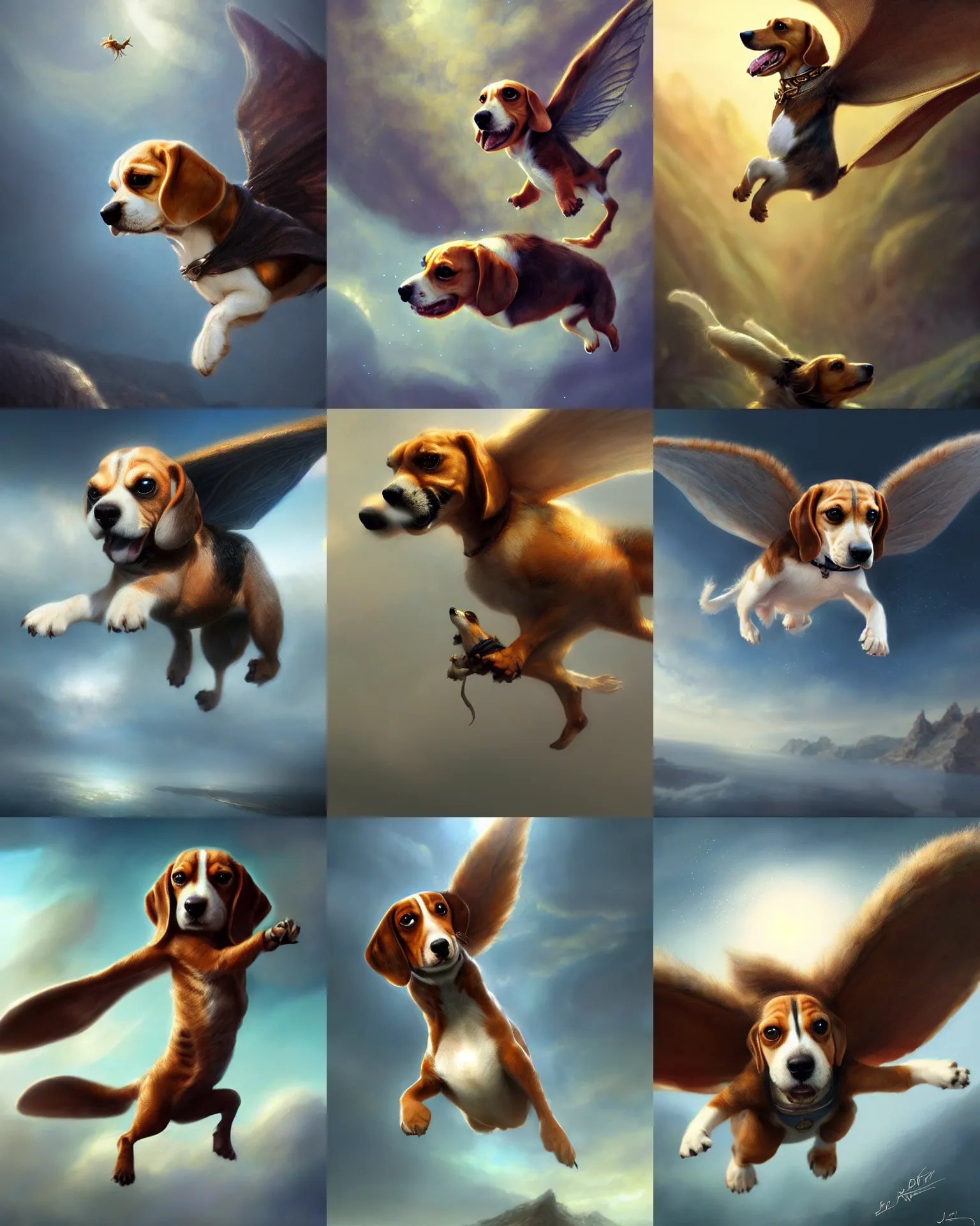 Image similar to cute flying beagle, cinematic, stunning, adorable, highly detailed fur, digital painting, artstation, smooth, hard focus, illustration, art by jessica rossier and and brian froud