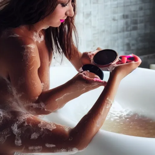 Prompt: woman trying to put her makeup on in a bath tub