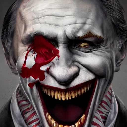 Image similar to portrait of vladimir putin as a joker in a city destroyed by war, realistic, high definition, 4 k, shimmering color, hyper detailed, art of greg rutkowski and magali villeneuve and artgerm