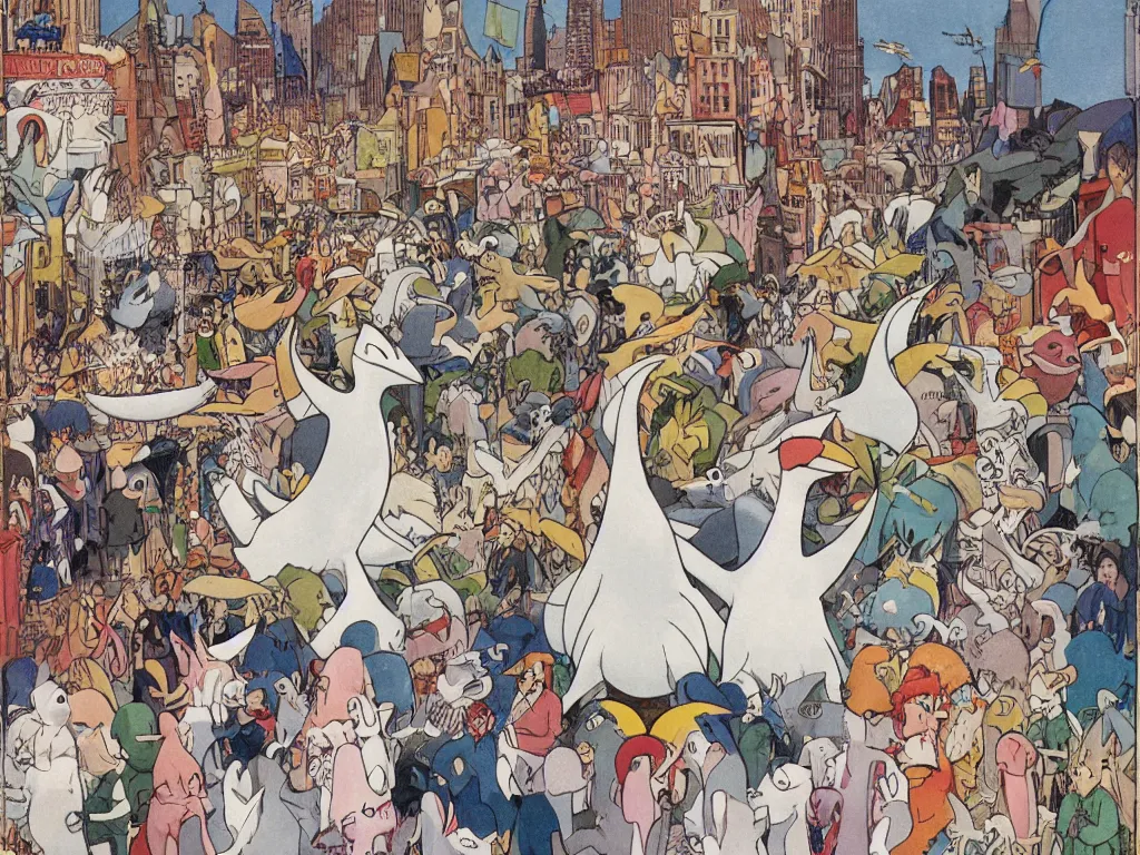 Image similar to a big lugia pokemon walking among people in open door market, detailed, high quality, high resolution, color illustration by Winsor McCay little nemo