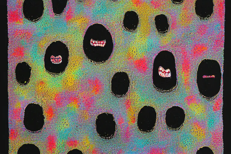 Image similar to teeth, smile, faceless people, black figures, dark, acrylic, clay, dots abstract, dripping, stipple, pointillism, technical, abstract, minimal, style of francis bacon, asymmetry, pulled apart, stretch, cloak, eerie, made of dots, abstraction chemicals, blotter, mask, colored dots, splotch, old painting style