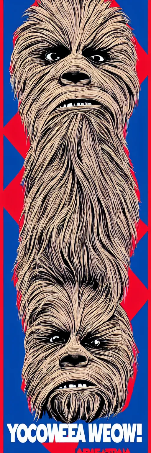 Image similar to chewbacca presidential election poster showing close up of chewbacca face red and blue duotone by sheperd fairey no text