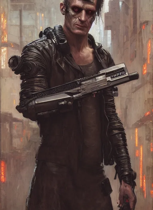 Prompt: frankenstein as a cyberpunk assassin in a cyberpunk stealth suit ( blade runner 2 0 4 9, cyberpunk 2 0 7 7 ). silenced pistol. orientalist portrait by john william waterhouse and james gurney and theodore ralli and nasreddine dinet, oil on canvas. cinematic, hyper realism, realistic proportions, dramatic lighting, high detail 4 k