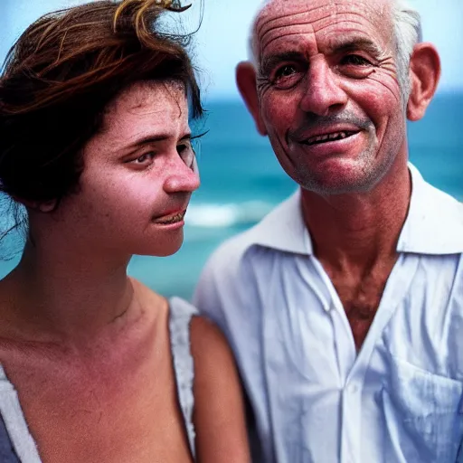 Prompt: closeup portrait of french people on the beach trying to push England further away, by Steve McCurry and David Lazar, natural light, detailed face, CANON Eos C300, ƒ1.8, 35mm, 8K, medium-format print
