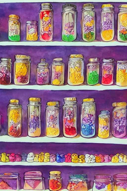 Prompt: magical, mystical shop full of jars of sweets, rainbow gouache