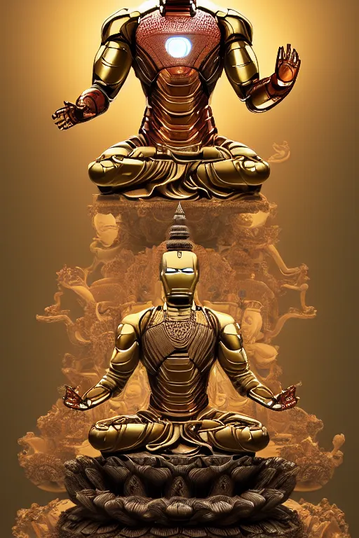 Image similar to digital masterpiece illustration concept art of porcelain statue of buddha gautama as iron man, varasana, lotus, padmasana, extremely detailed and intricate complexity, epic composition, magical atmosphere, cinematic lighting, wide long shot, trending on artstation, 8 k