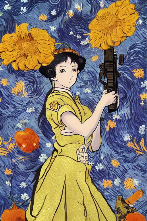 Image similar to beautiful anime goddess dressed as a military officer holding a gun, well - rendered, extra crisp, illustration pattern background with bizarre compositions and blend of flowers, fruits, birds by beto val painted by van gogh